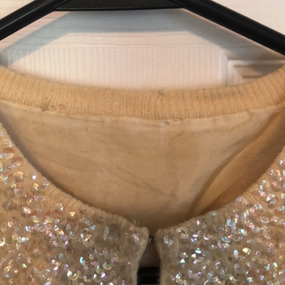 VINTAGE Glitter Sequin Champagne Hook & Eye Clasp Cardigan Women's Small - Picture 2 of 14